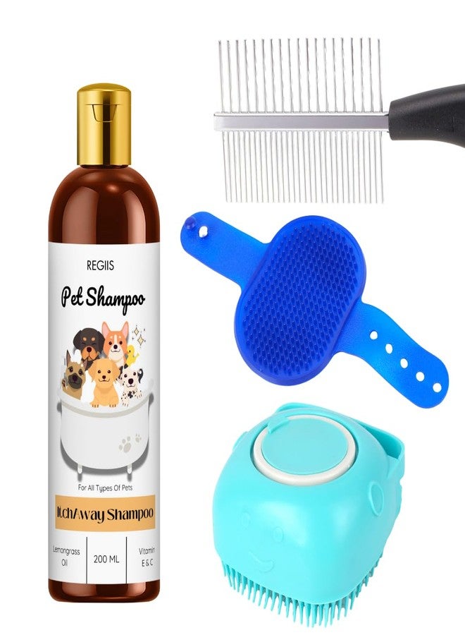 REGIIS Pet Shampoo Set with Grooming Brush, Lemongrass Oil and Vitamin E&C, 200ml Dog Shampoo, Blue Pet Bath Brush and Metal Comb(4 Pack) - Image 1